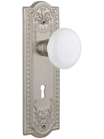 Meadows Door Set with White Porcelain Knobs and Keyhole Single Dummy in Satin Nickel.